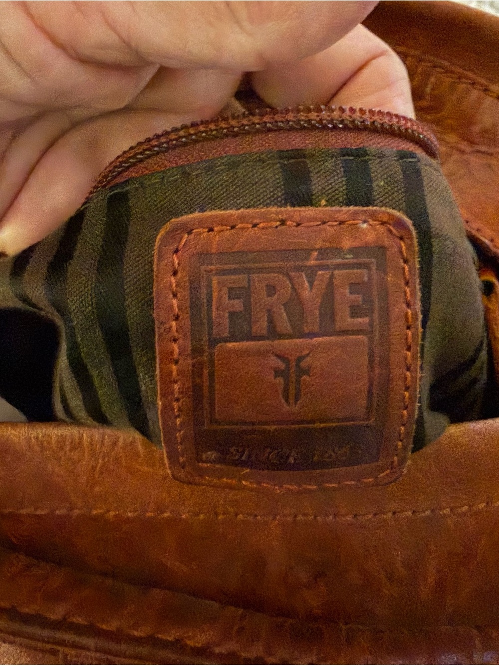 Frye Cognac Leather Messenger Bag with Dark Stripe Lining